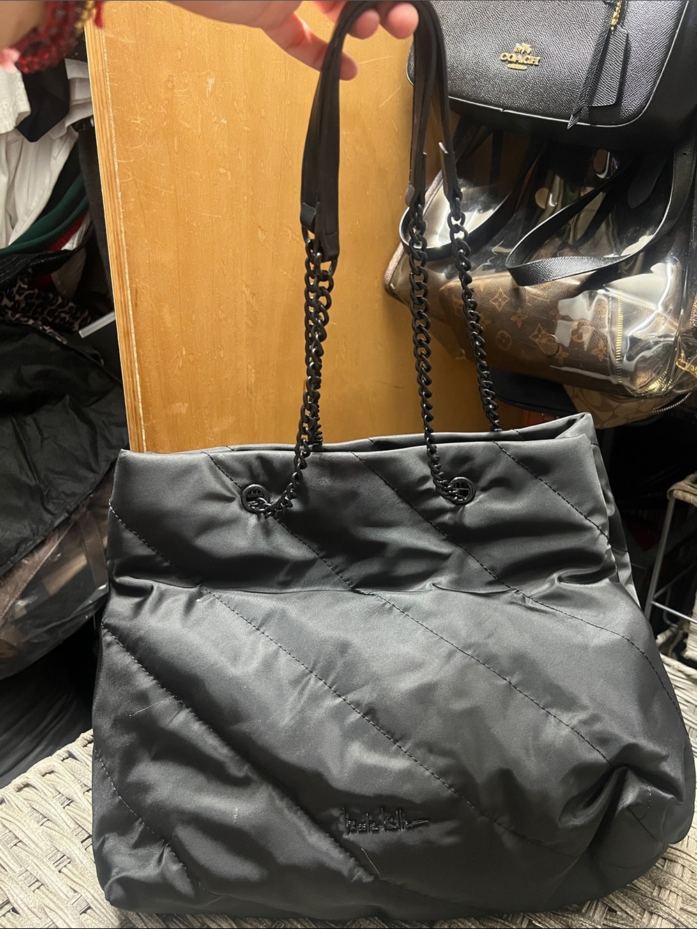 Nicole Miller Black Quilted Tote with Chain-Strap Handles